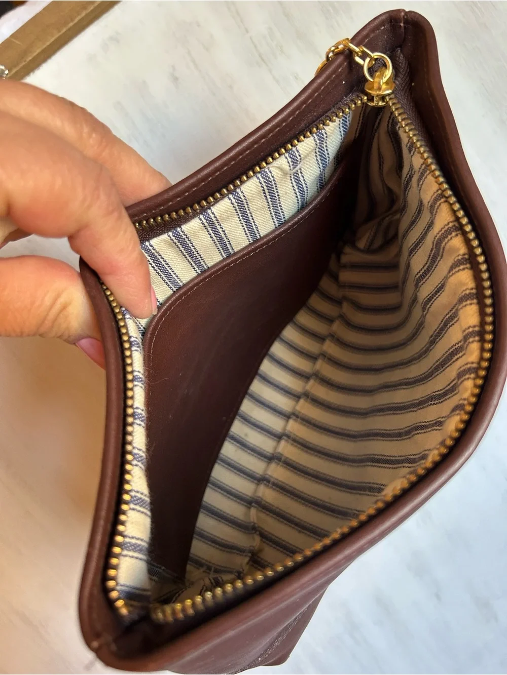 Vintage Coach cosmetic bag Mahogany Leather Zip Pouch with Striped Canvas Lining